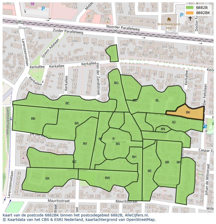 Afbeelding van het postcodegebied 6882 BK op de kaart.