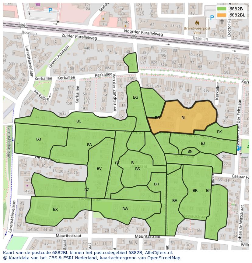 Afbeelding van het postcodegebied 6882 BL op de kaart.