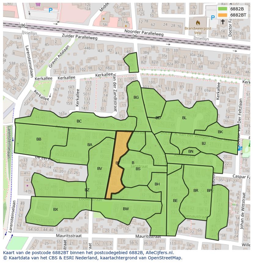 Afbeelding van het postcodegebied 6882 BT op de kaart.