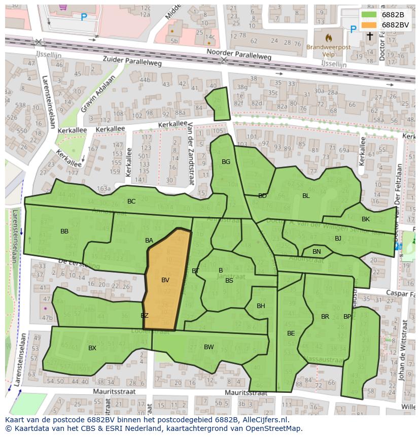 Afbeelding van het postcodegebied 6882 BV op de kaart.