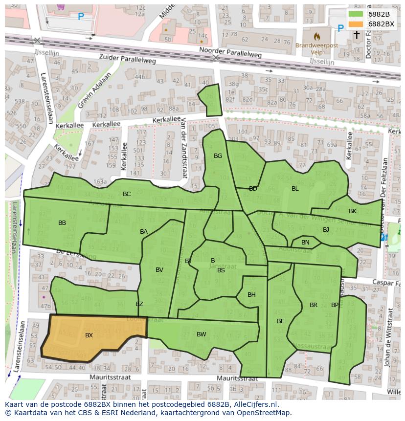 Afbeelding van het postcodegebied 6882 BX op de kaart.
