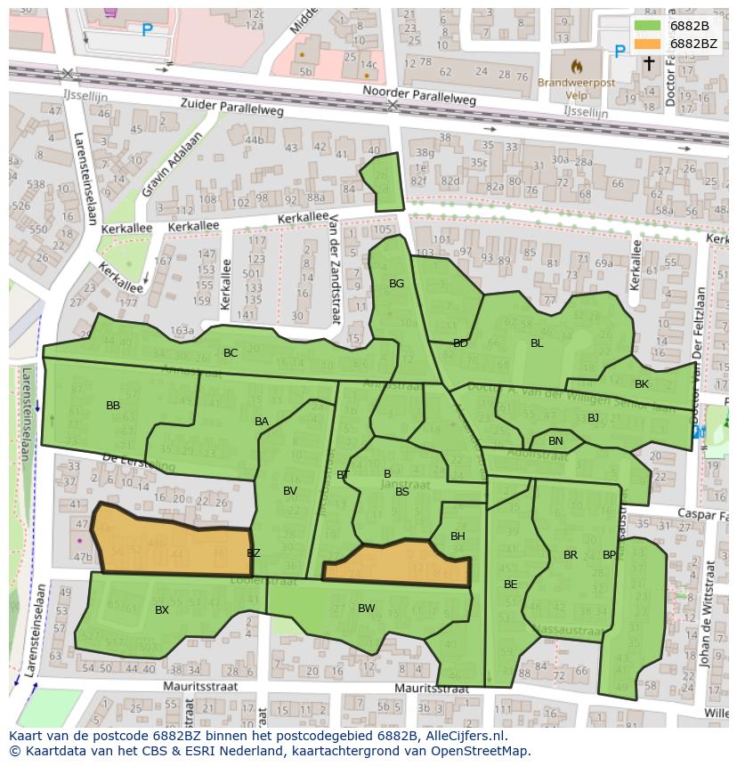Afbeelding van het postcodegebied 6882 BZ op de kaart.