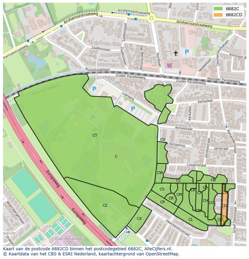 Afbeelding van het postcodegebied 6882 CD op de kaart.