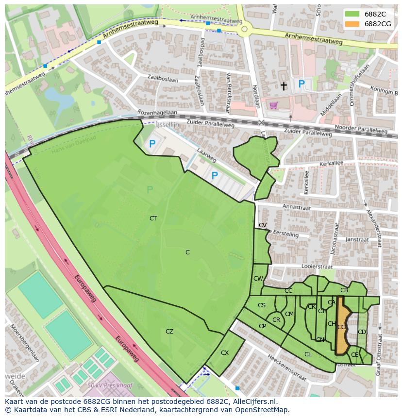 Afbeelding van het postcodegebied 6882 CG op de kaart.