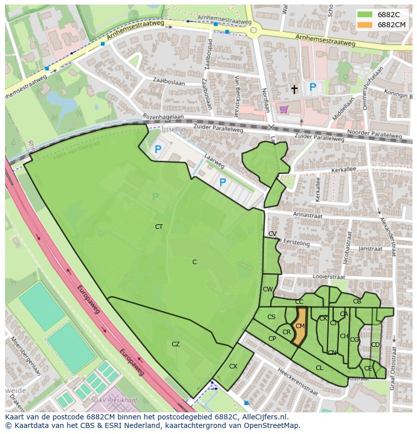 Afbeelding van het postcodegebied 6882 CM op de kaart.