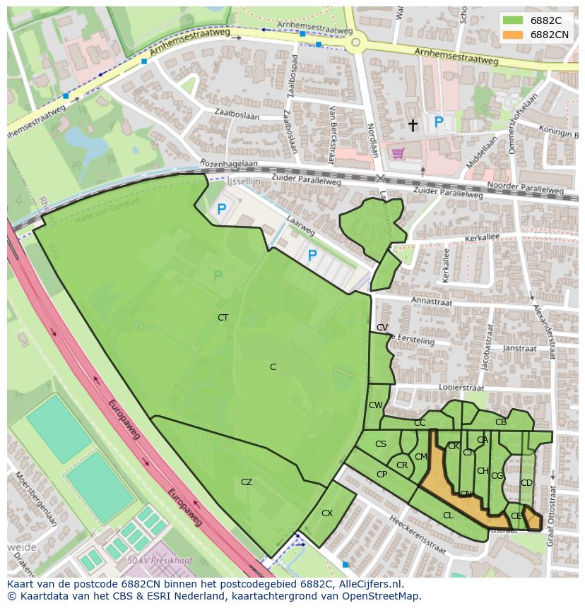 Afbeelding van het postcodegebied 6882 CN op de kaart.