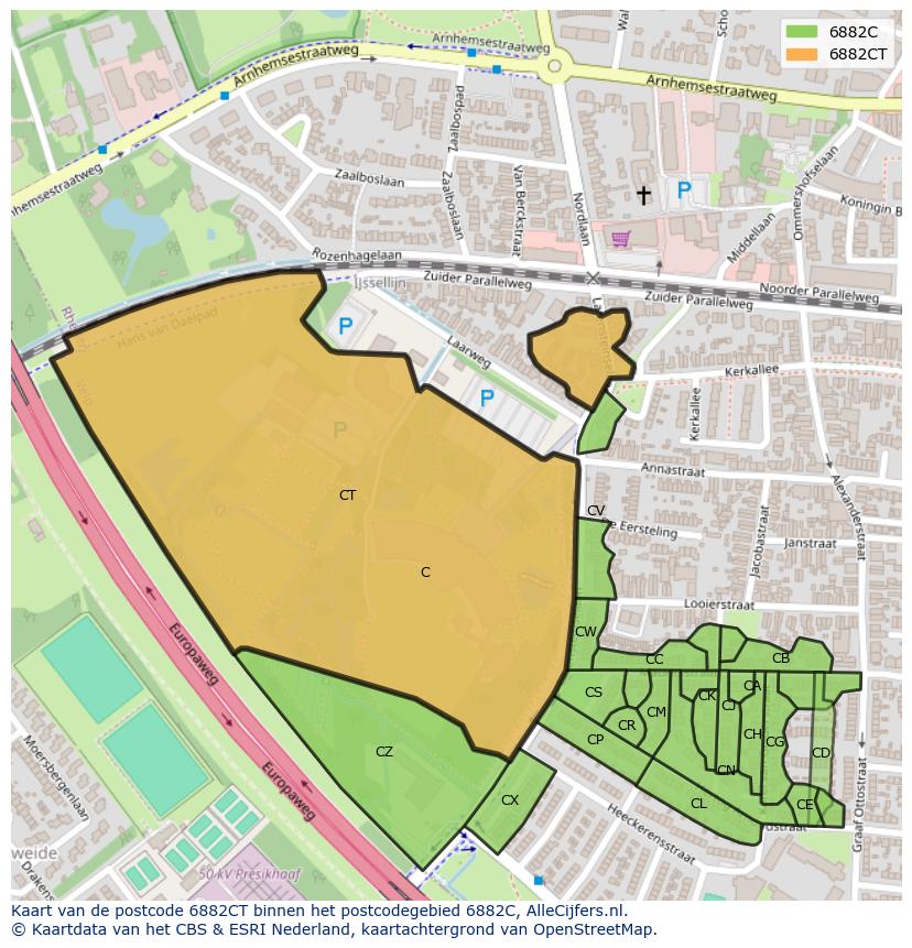 Afbeelding van het postcodegebied 6882 CT op de kaart.
