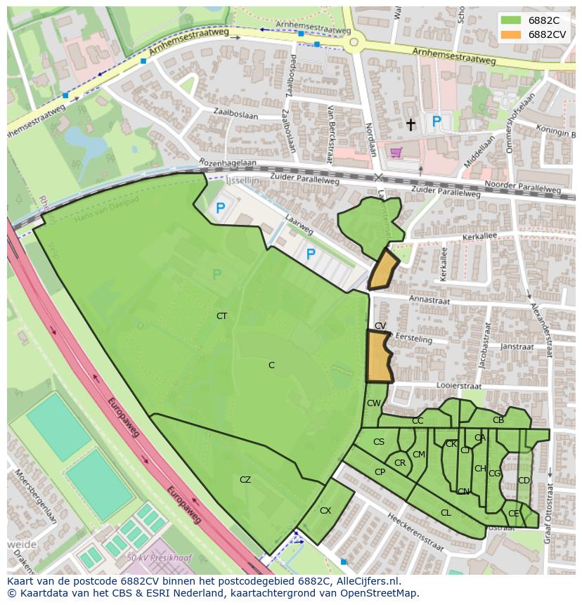 Afbeelding van het postcodegebied 6882 CV op de kaart.
