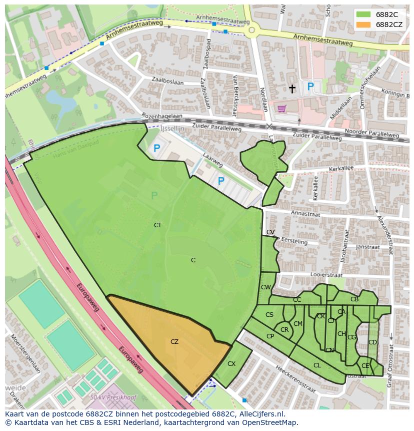 Afbeelding van het postcodegebied 6882 CZ op de kaart.