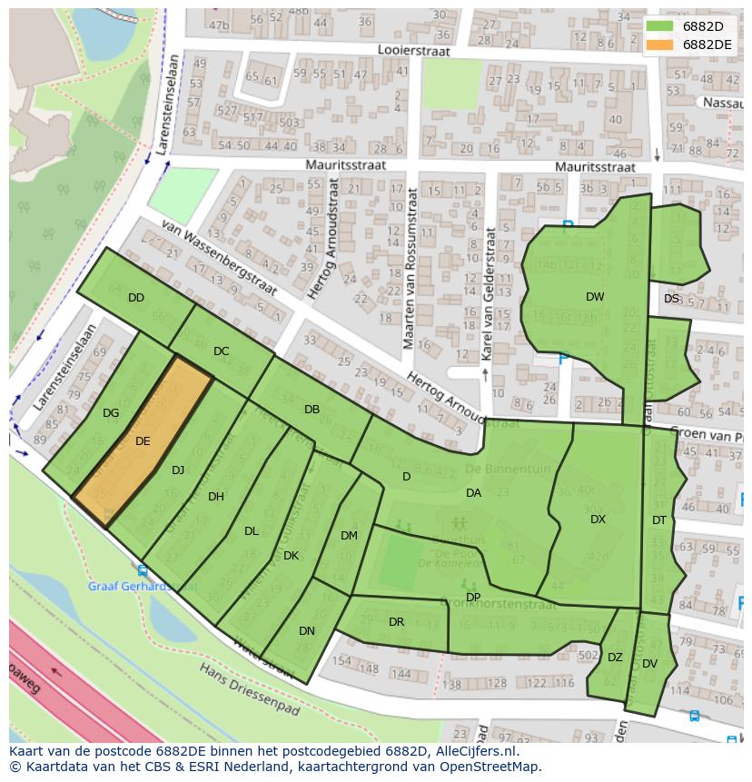 Afbeelding van het postcodegebied 6882 DE op de kaart.
