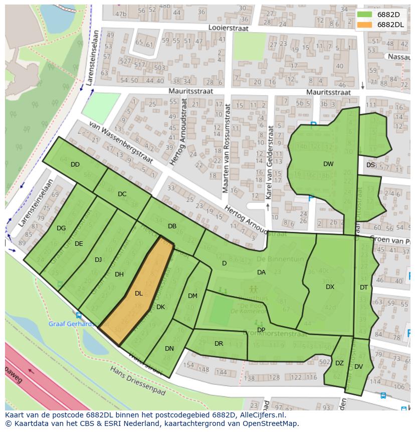 Afbeelding van het postcodegebied 6882 DL op de kaart.