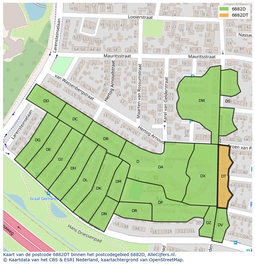 Afbeelding van het postcodegebied 6882 DT op de kaart.