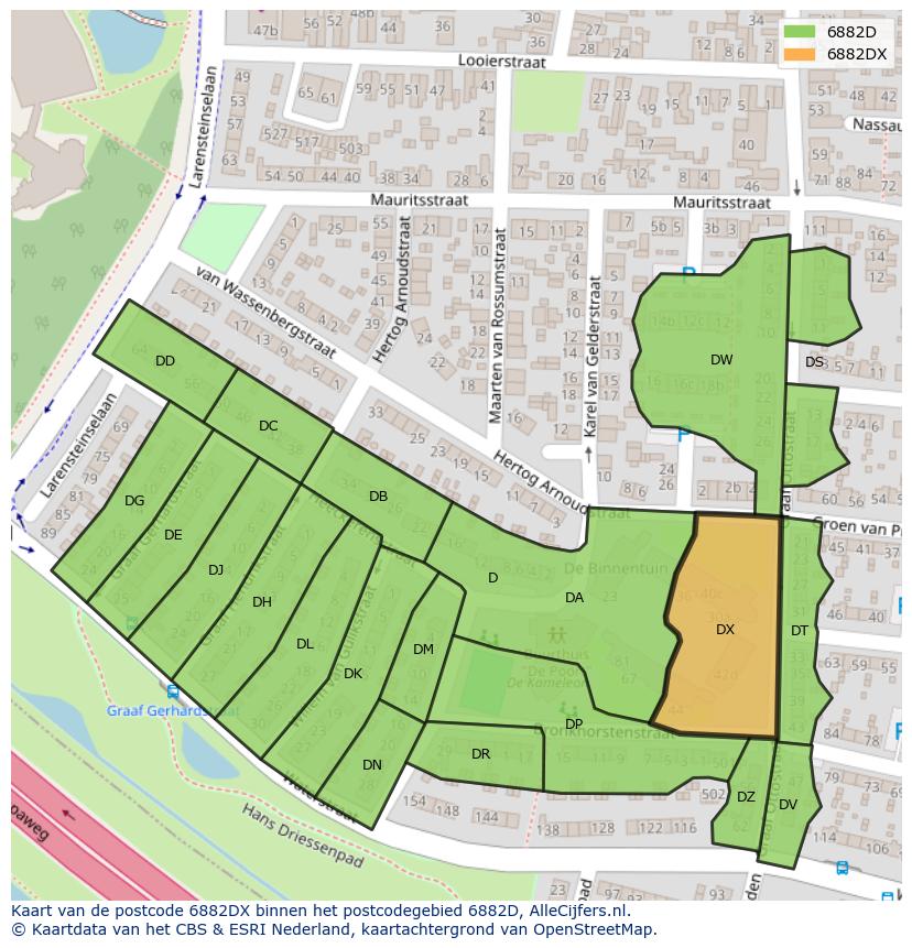 Afbeelding van het postcodegebied 6882 DX op de kaart.