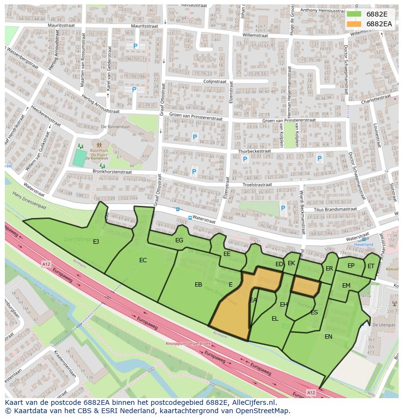 Afbeelding van het postcodegebied 6882 EA op de kaart.