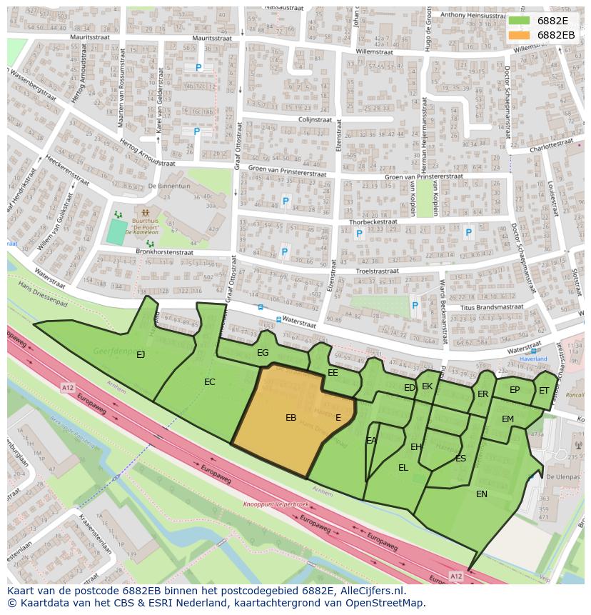 Afbeelding van het postcodegebied 6882 EB op de kaart.