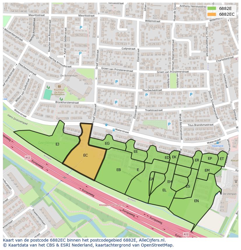 Afbeelding van het postcodegebied 6882 EC op de kaart.