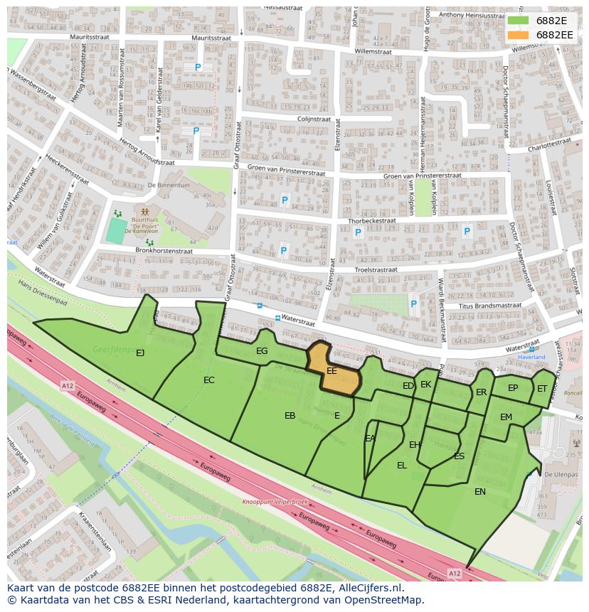 Afbeelding van het postcodegebied 6882 EE op de kaart.