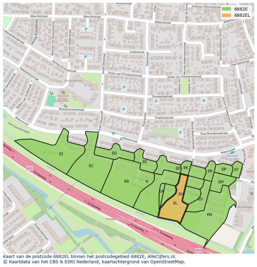 Afbeelding van het postcodegebied 6882 EL op de kaart.