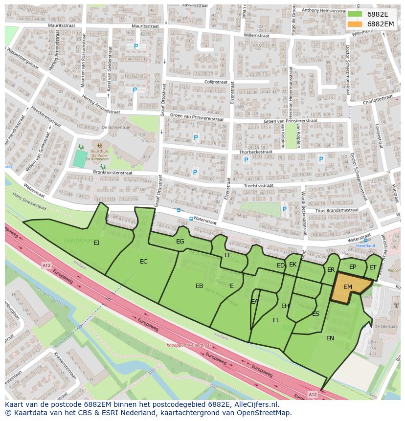 Afbeelding van het postcodegebied 6882 EM op de kaart.
