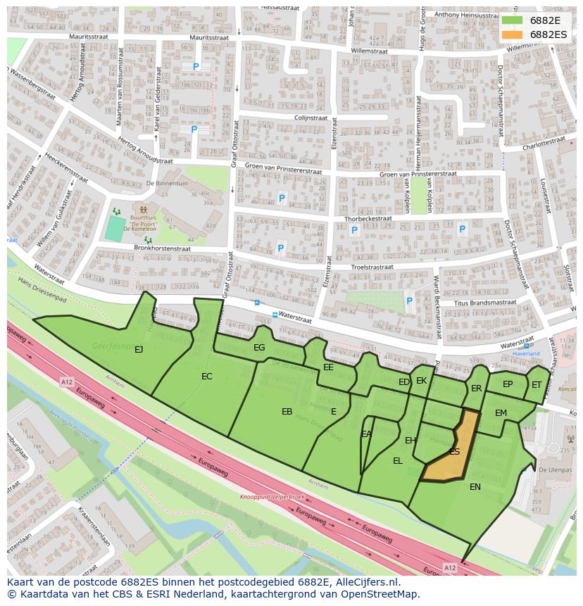 Afbeelding van het postcodegebied 6882 ES op de kaart.