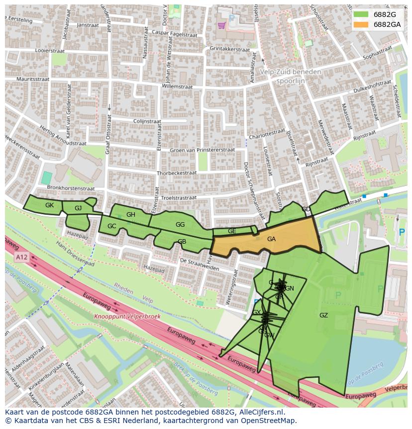 Afbeelding van het postcodegebied 6882 GA op de kaart.