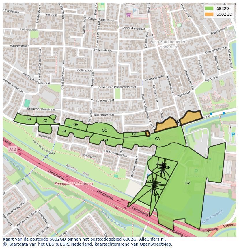 Afbeelding van het postcodegebied 6882 GD op de kaart.