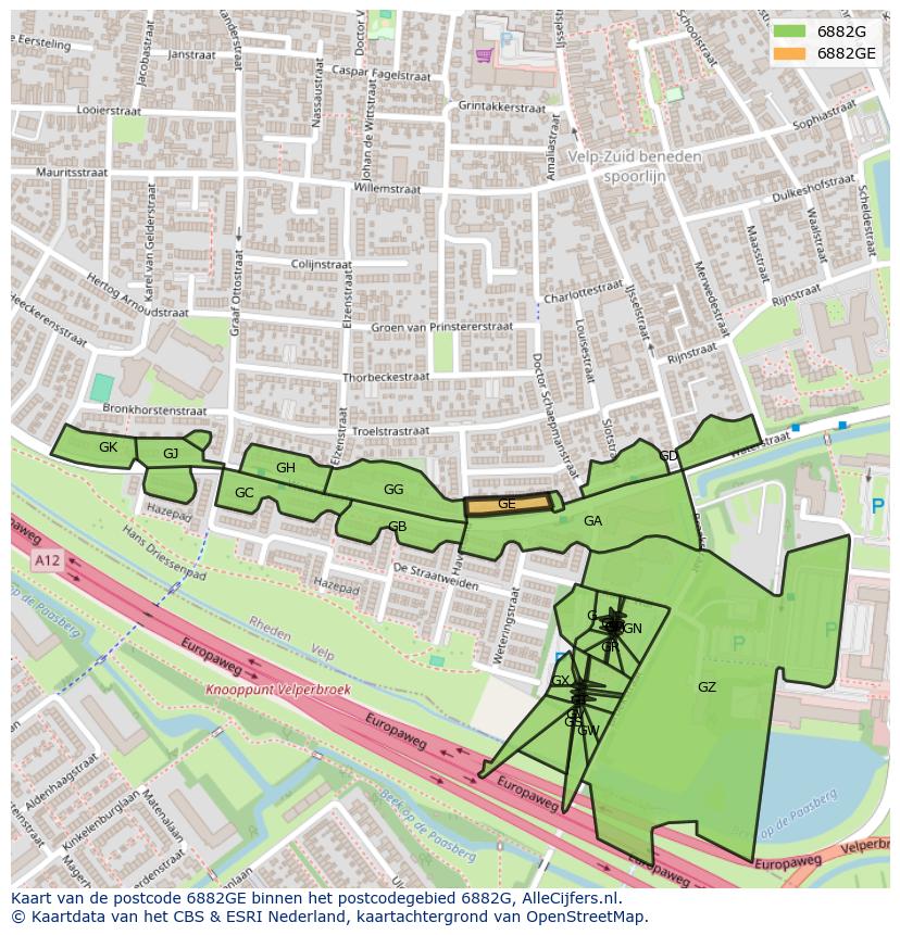 Afbeelding van het postcodegebied 6882 GE op de kaart.