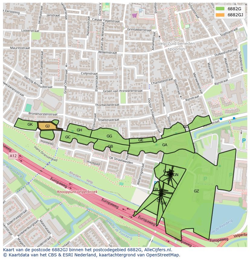 Afbeelding van het postcodegebied 6882 GJ op de kaart.