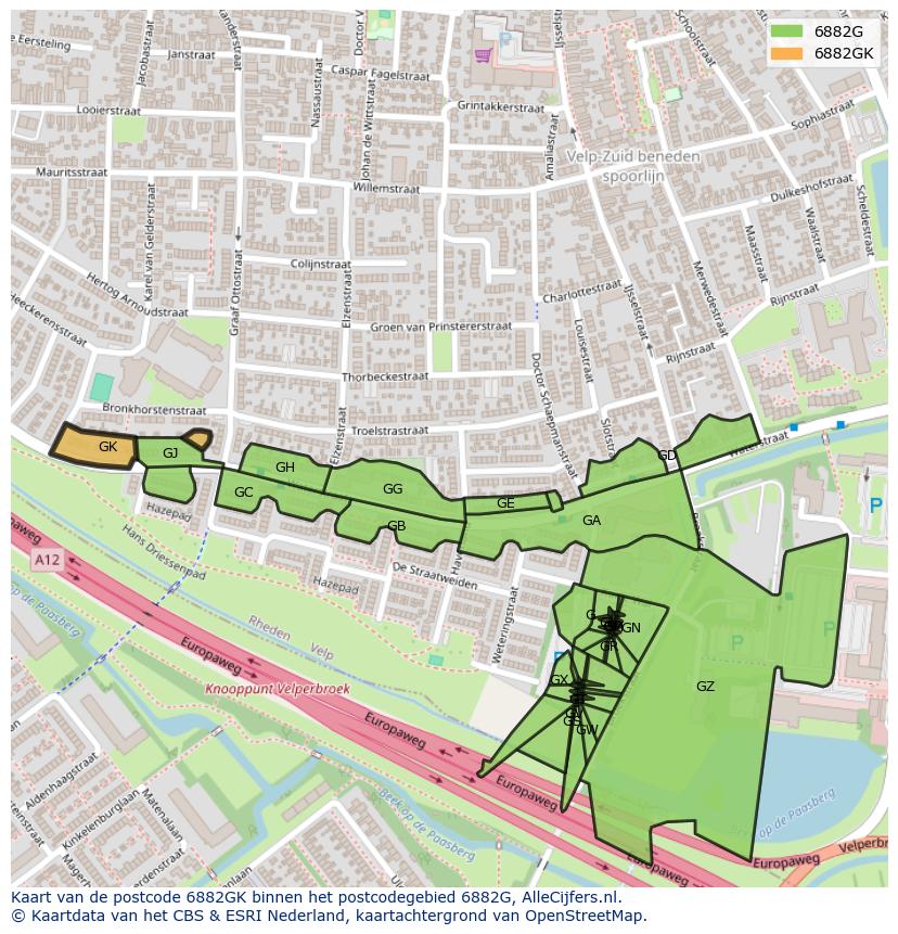 Afbeelding van het postcodegebied 6882 GK op de kaart.