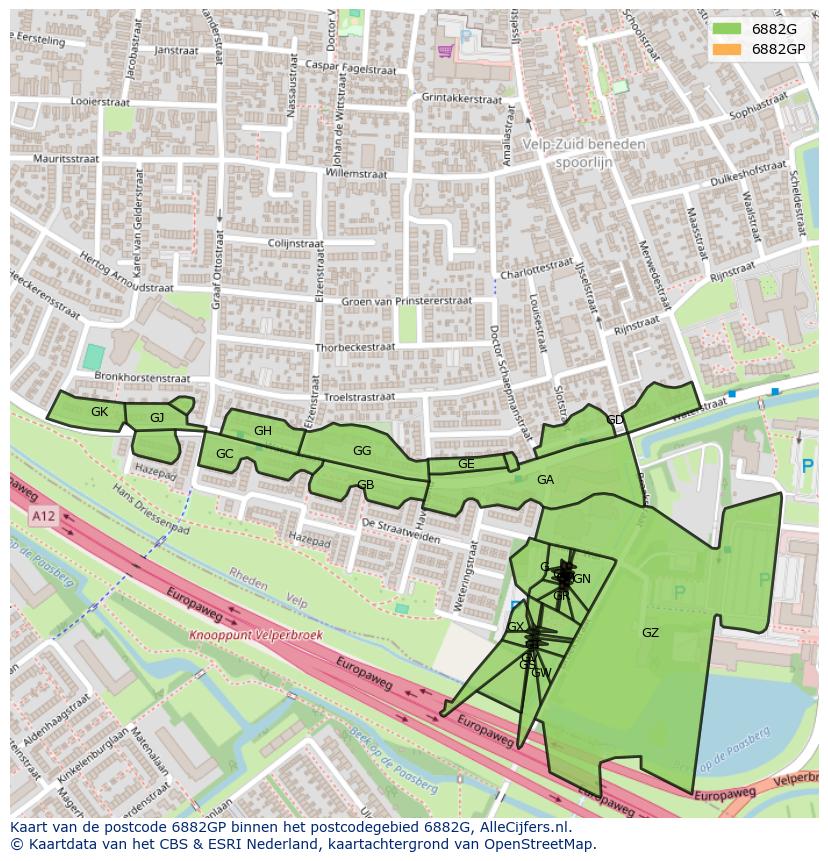 Afbeelding van het postcodegebied 6882 GP op de kaart.