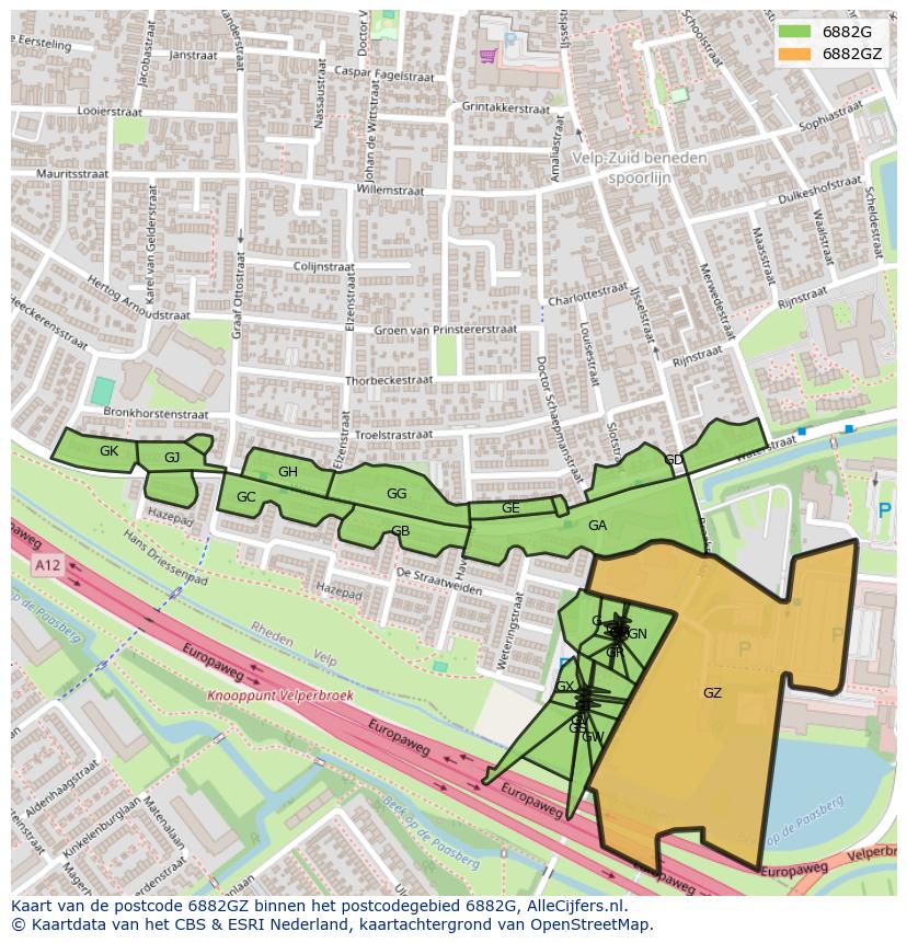 Afbeelding van het postcodegebied 6882 GZ op de kaart.