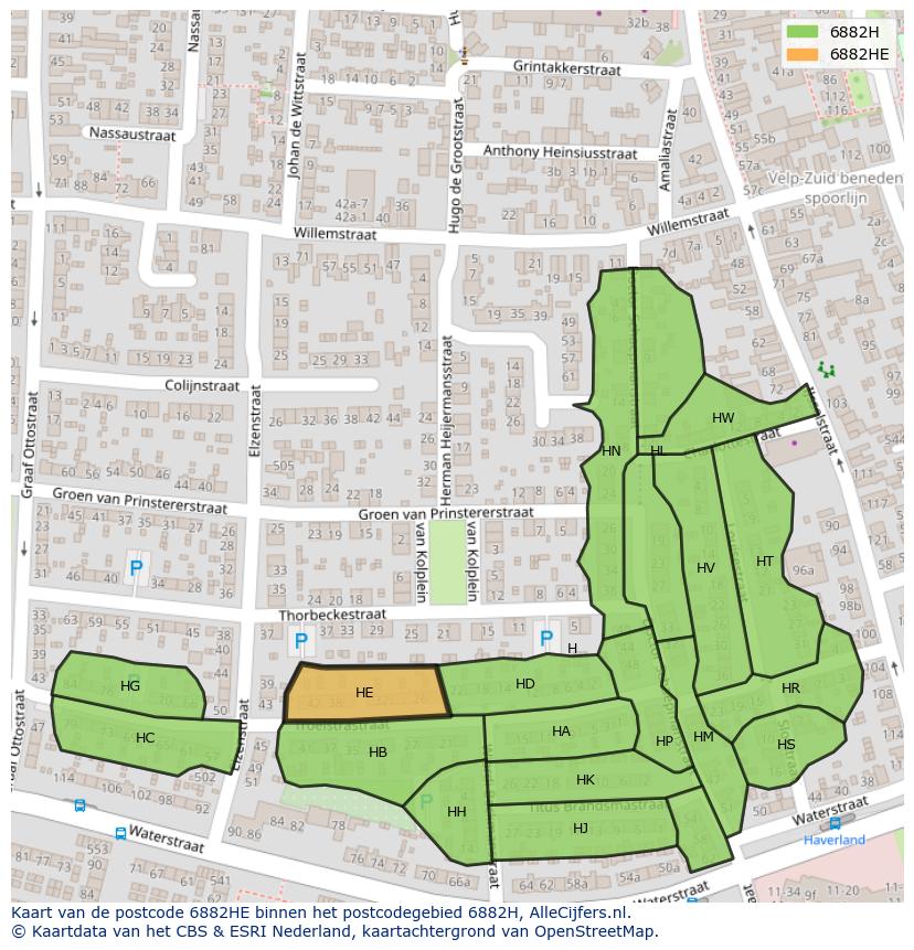 Afbeelding van het postcodegebied 6882 HE op de kaart.