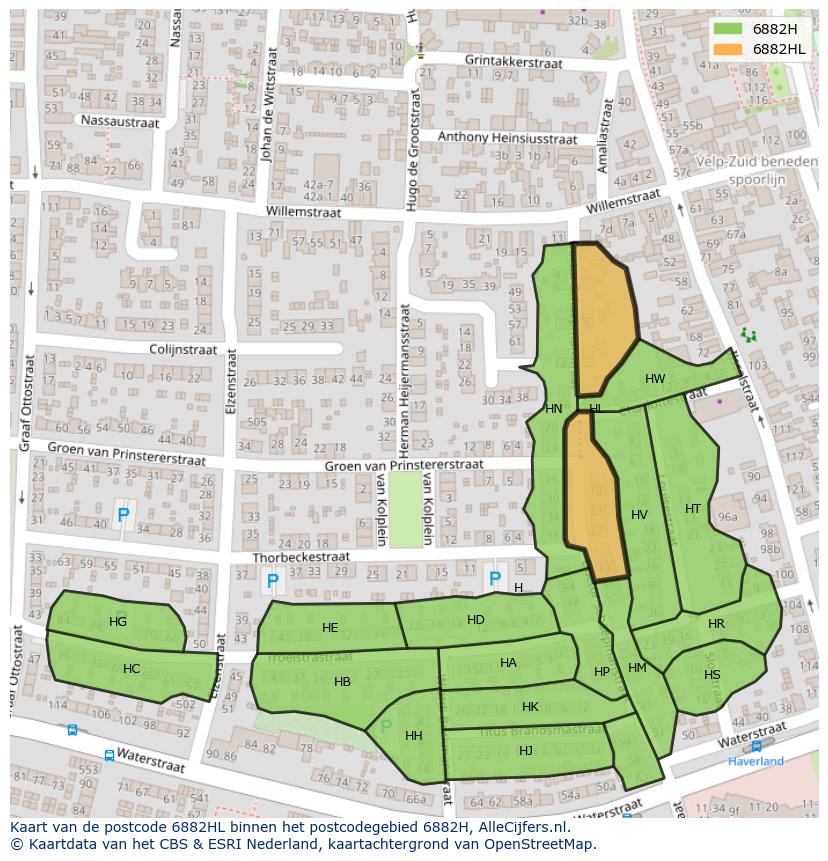 Afbeelding van het postcodegebied 6882 HL op de kaart.