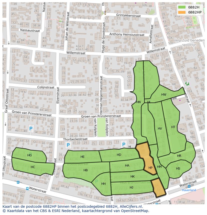 Afbeelding van het postcodegebied 6882 HP op de kaart.