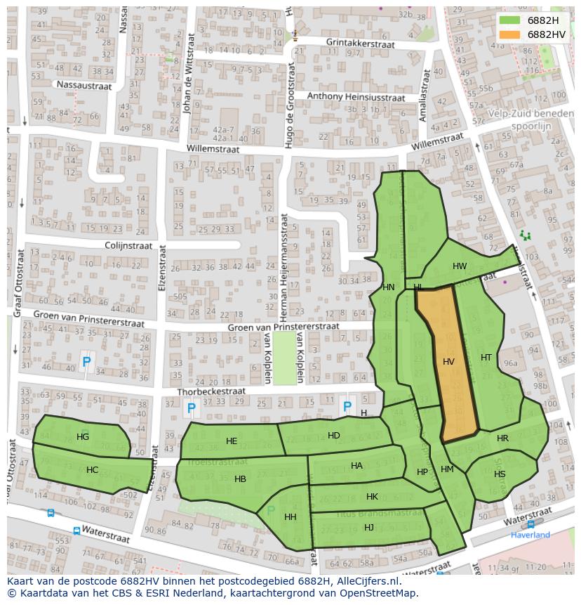Afbeelding van het postcodegebied 6882 HV op de kaart.