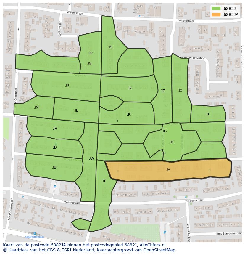 Afbeelding van het postcodegebied 6882 JA op de kaart.