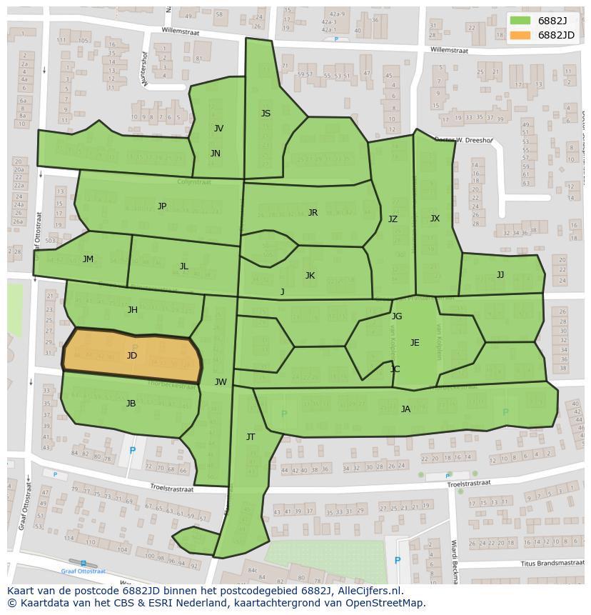 Afbeelding van het postcodegebied 6882 JD op de kaart.