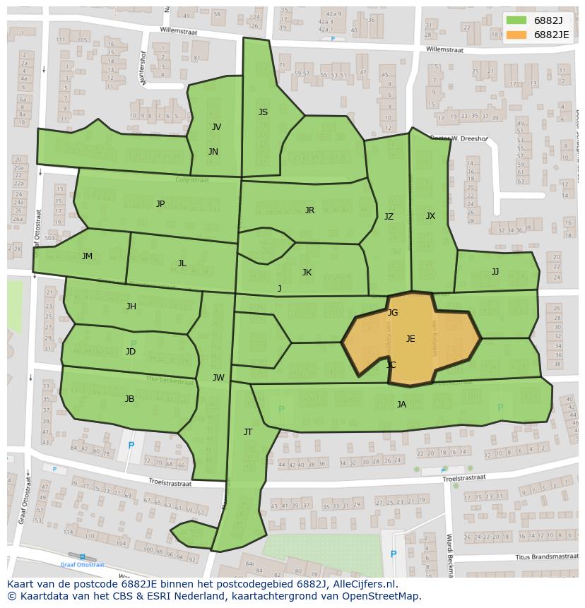 Afbeelding van het postcodegebied 6882 JE op de kaart.