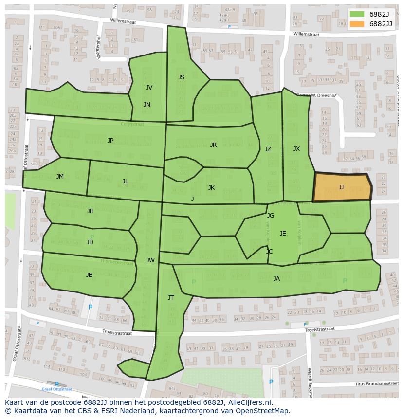Afbeelding van het postcodegebied 6882 JJ op de kaart.