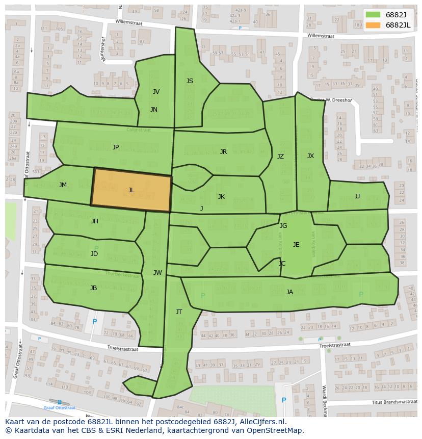 Afbeelding van het postcodegebied 6882 JL op de kaart.