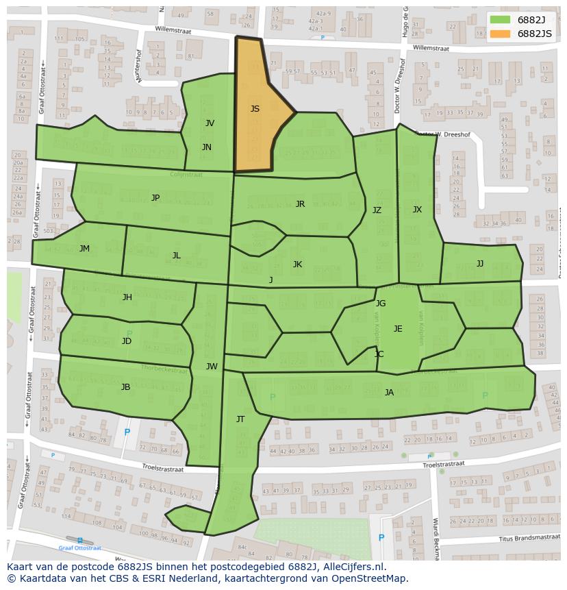 Afbeelding van het postcodegebied 6882 JS op de kaart.