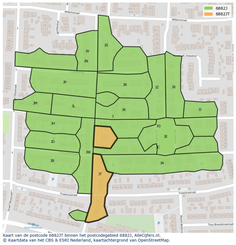 Afbeelding van het postcodegebied 6882 JT op de kaart.