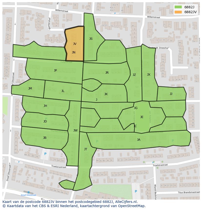 Afbeelding van het postcodegebied 6882 JV op de kaart.