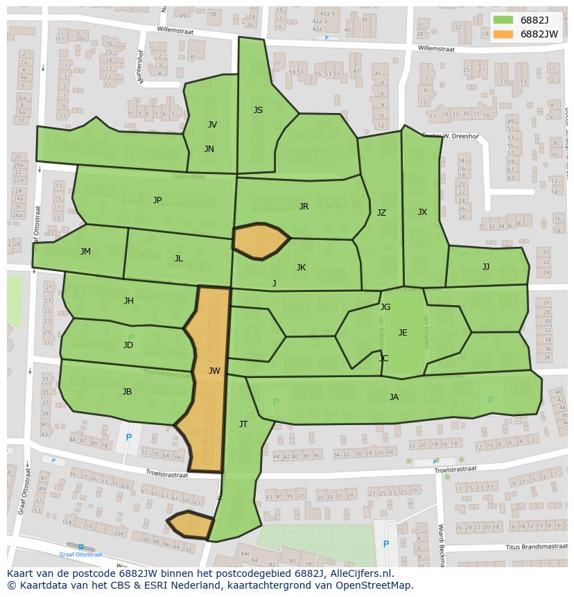 Afbeelding van het postcodegebied 6882 JW op de kaart.