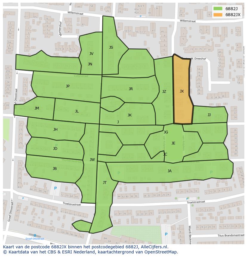Afbeelding van het postcodegebied 6882 JX op de kaart.