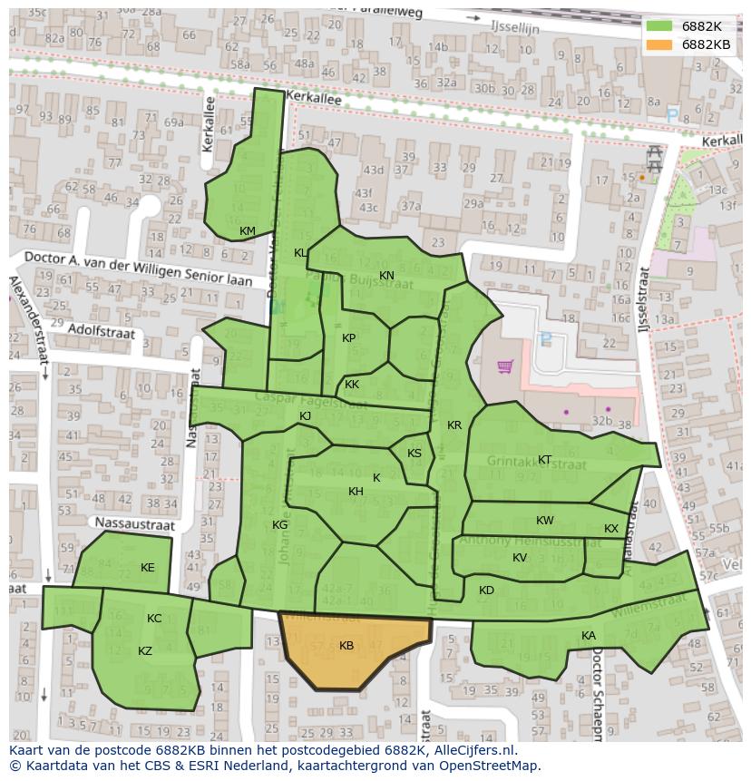 Afbeelding van het postcodegebied 6882 KB op de kaart.