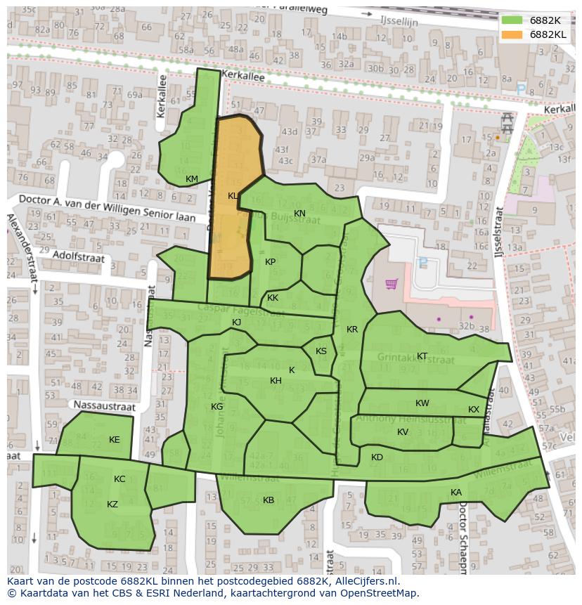 Afbeelding van het postcodegebied 6882 KL op de kaart.