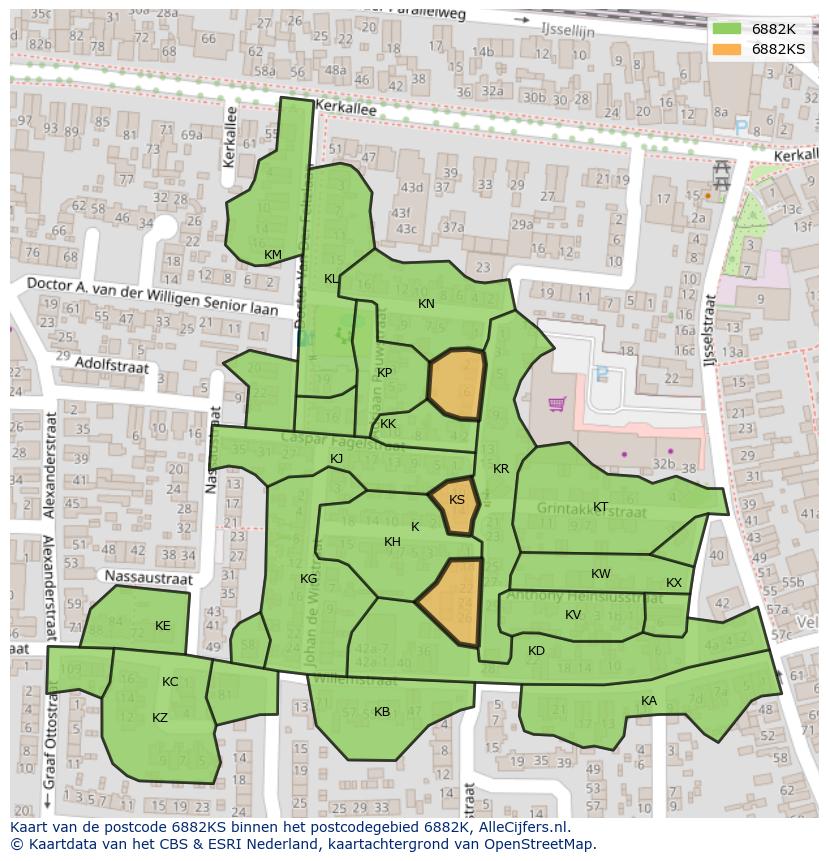 Afbeelding van het postcodegebied 6882 KS op de kaart.