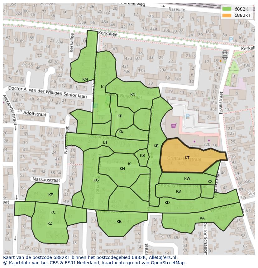 Afbeelding van het postcodegebied 6882 KT op de kaart.
