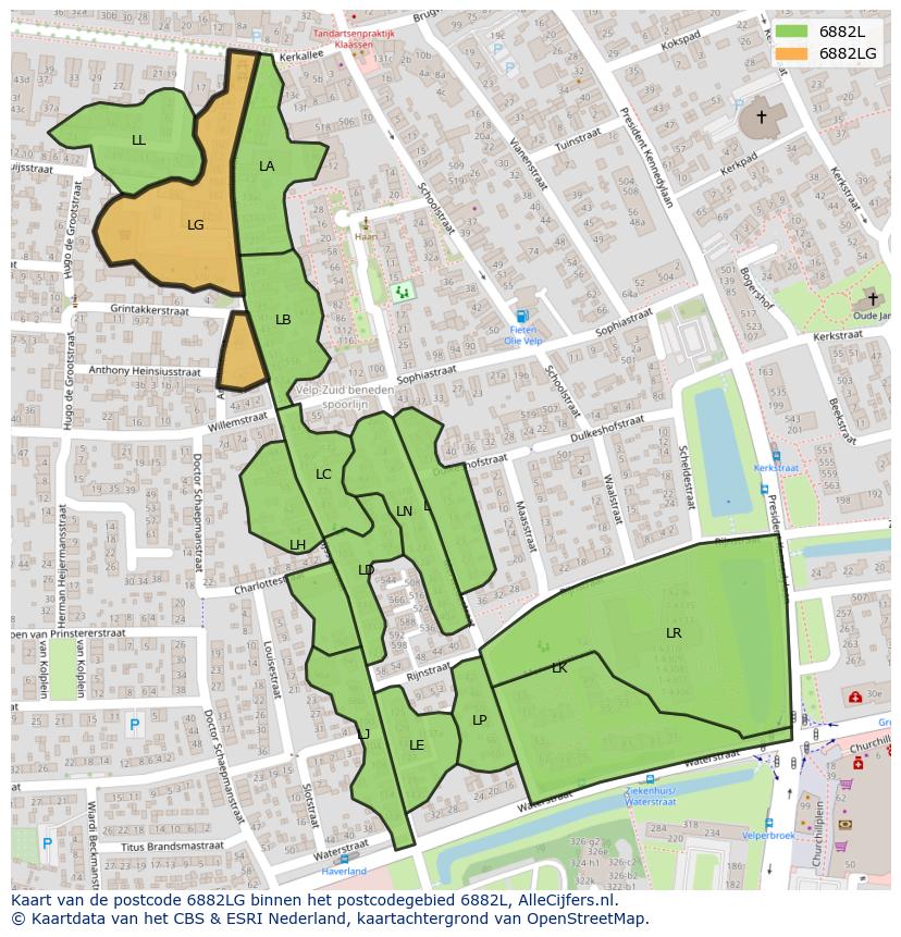 Afbeelding van het postcodegebied 6882 LG op de kaart.